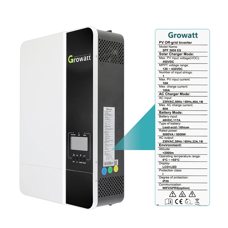 Growatt MPPT off Grid Inverter Photovoltaic SPF3500 Es SPF5000 Es 3000W 3500W 5000W 10kw 3 Phase Solar Power Machine on off Grid Energy Storage Inverter