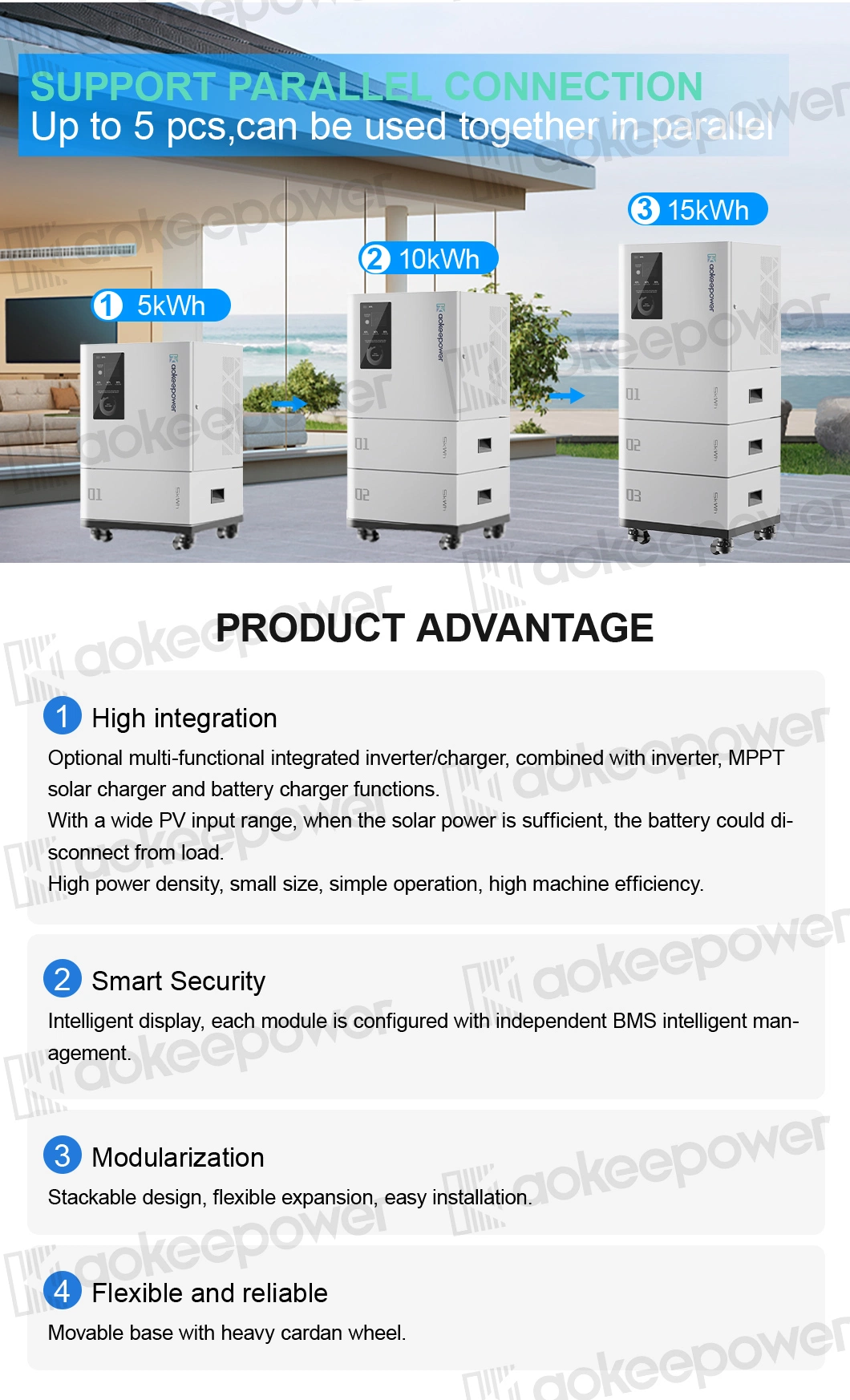 Aoke Ess 10kwh Stackable Solar Power Panel Hybrid Inverter LFP Residential Energy Storage Battery