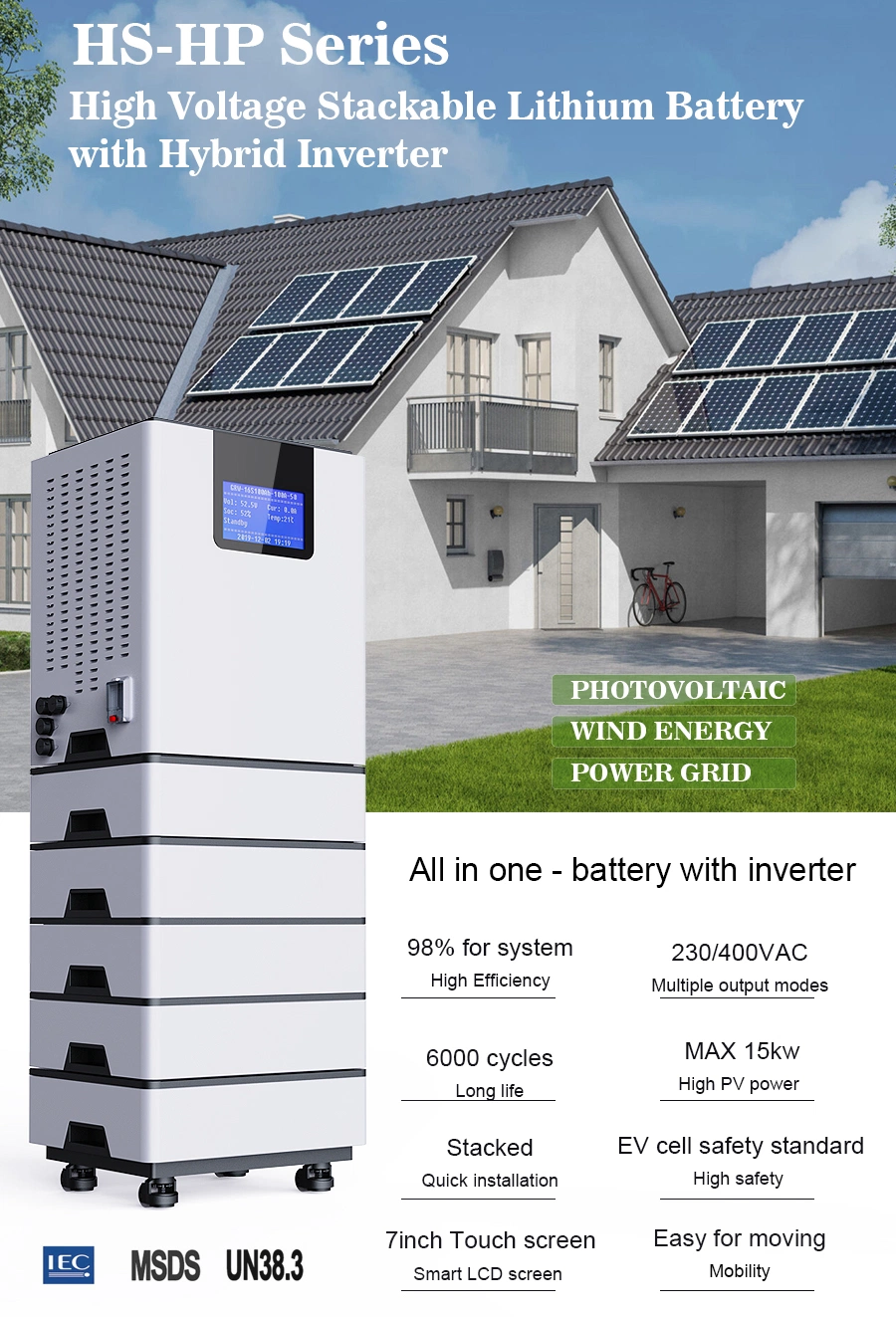 Stackable Lithium Ion Battery with Hybird Inverter 15kw 20kw Solar Batteries for Home