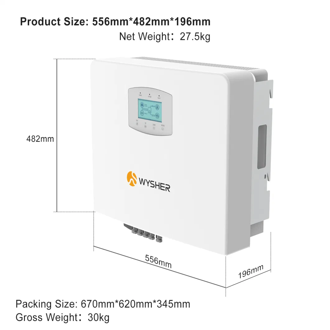 Wysher 8kw 10kw 12kw 20kw 24kw Three Phase Hybrid Solar Panel Inverter for Energy Storage System with 2 MPPT Controller