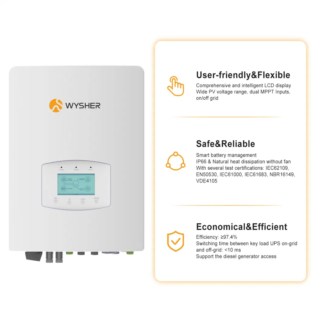 Wysher 3kw 5kw 8kw 10kw Single Phase Hybrid Solar Panel Inverter for Energy Storage System with 2 MPPT Controller