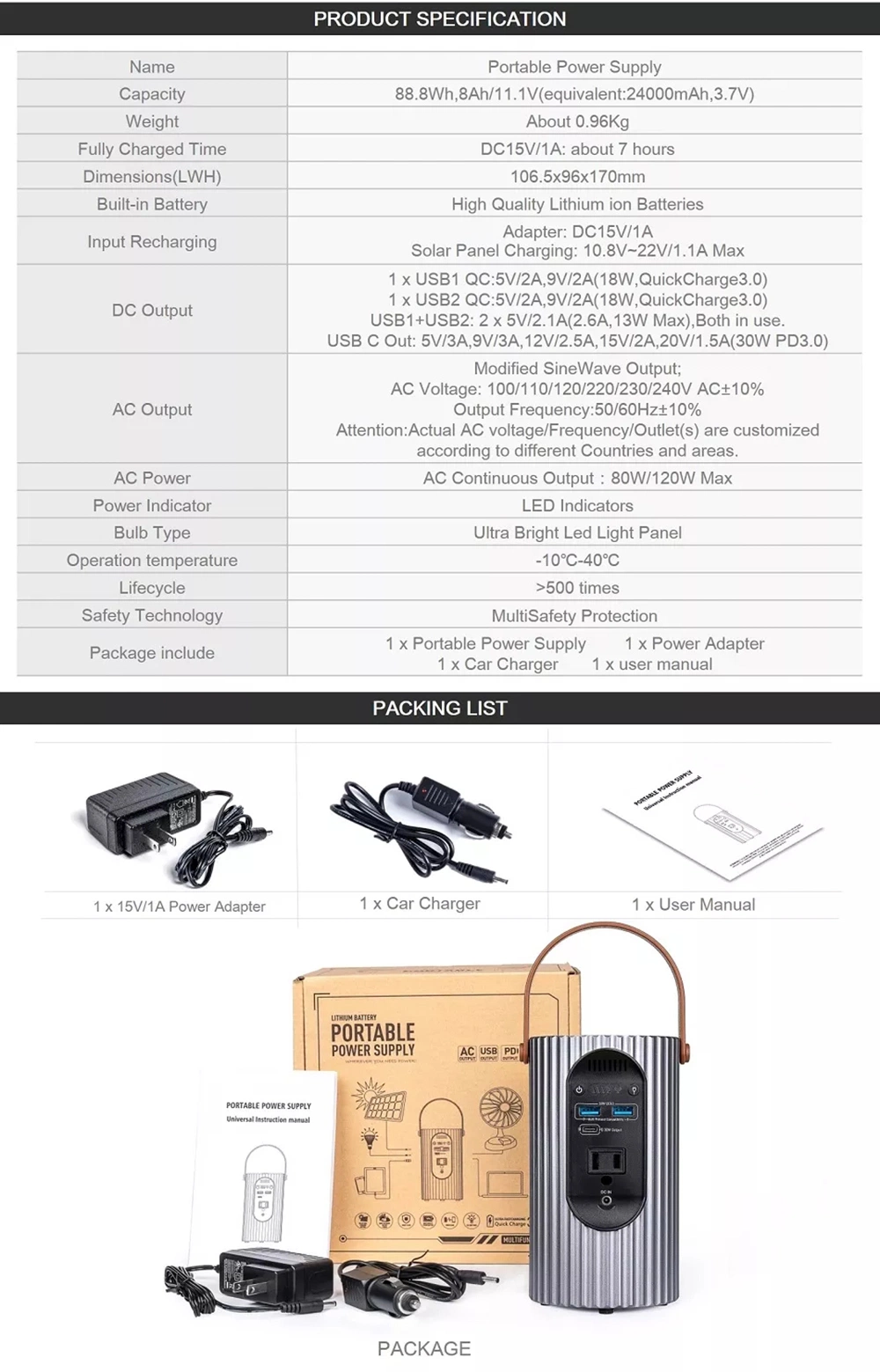 Factory Direct Sell Portable Solar Panel Charging Battery Power Station 24000mAh Lithium Ion Battery 110V AC Output Typy C Quick Charge