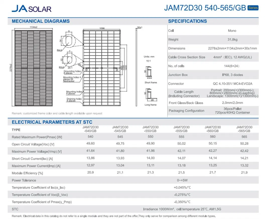 Ja Wholesale 550W Solar Panel 530-555W Solar Power Generation Top Brand Ja Brand 550W Solar Panel with Cheap Price