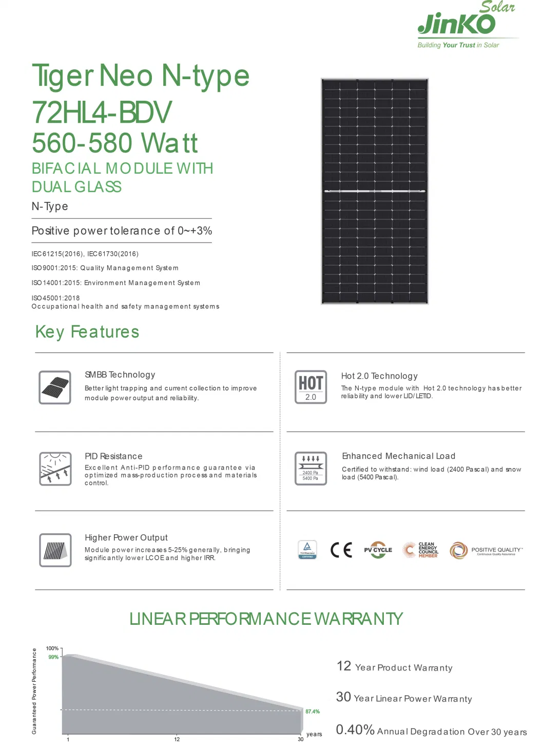 Jinko Tiger Neo N-Type Jkm580n-72hl4-Bdv 585W 580W 575W 570W 565W 560W 550W Watt Module Solar Panel Price Cells PV Photovoltaic Ja/Longi/Mysolar/Trina Wholesale