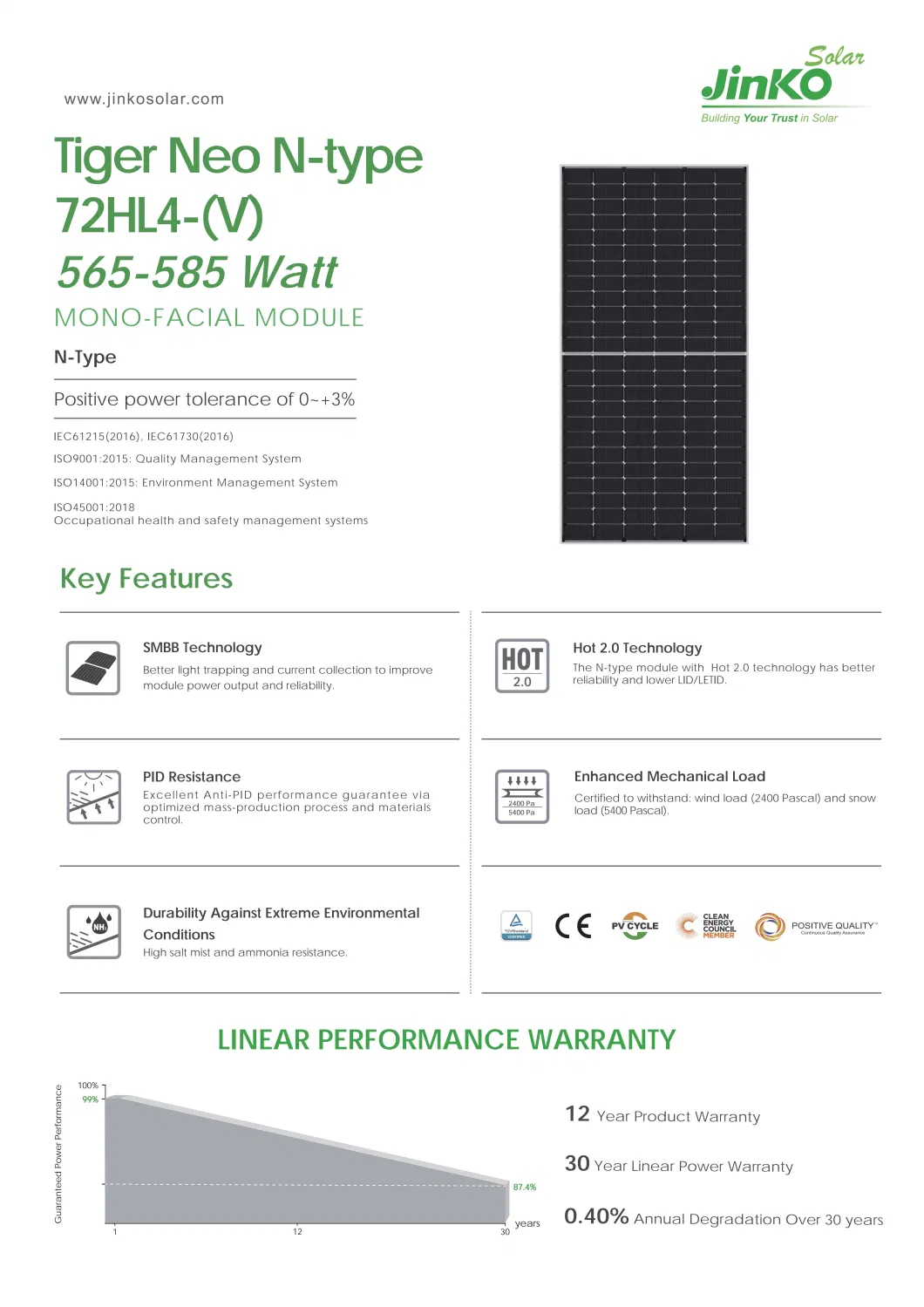 Jinko Tier 1 Longi Trina Ja Photovoltaic 570W 575W 580W 585W Tiger Neo N-Type 72hl4- (V) 565-585 Watt Mono-Facial Module Solar PV Panels Price Original Factory