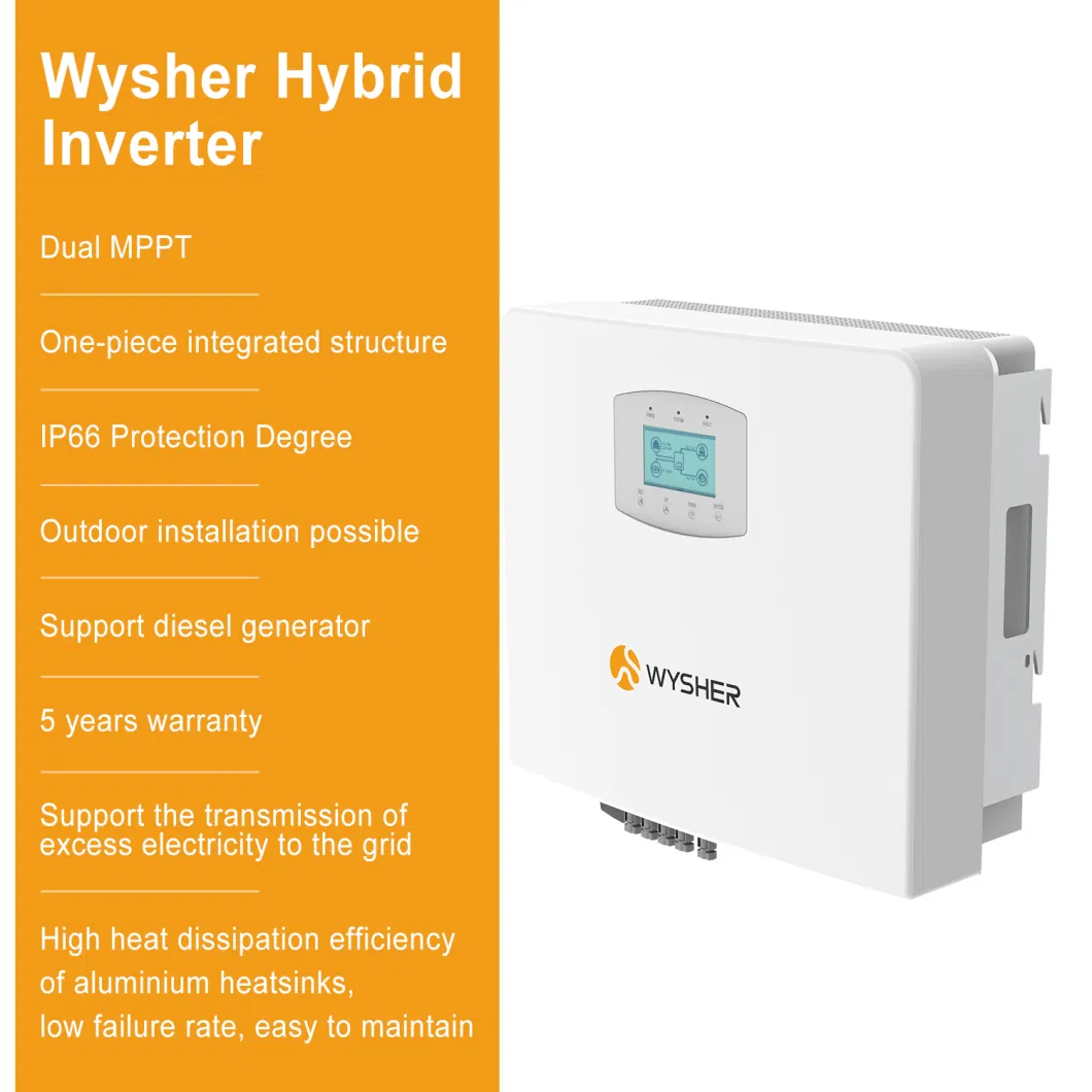 Wysher 8kw 10kw 12kw 20kw 24kw Three Phase Hybrid Solar Panel Inverter for Energy Storage System with 2 MPPT Controller