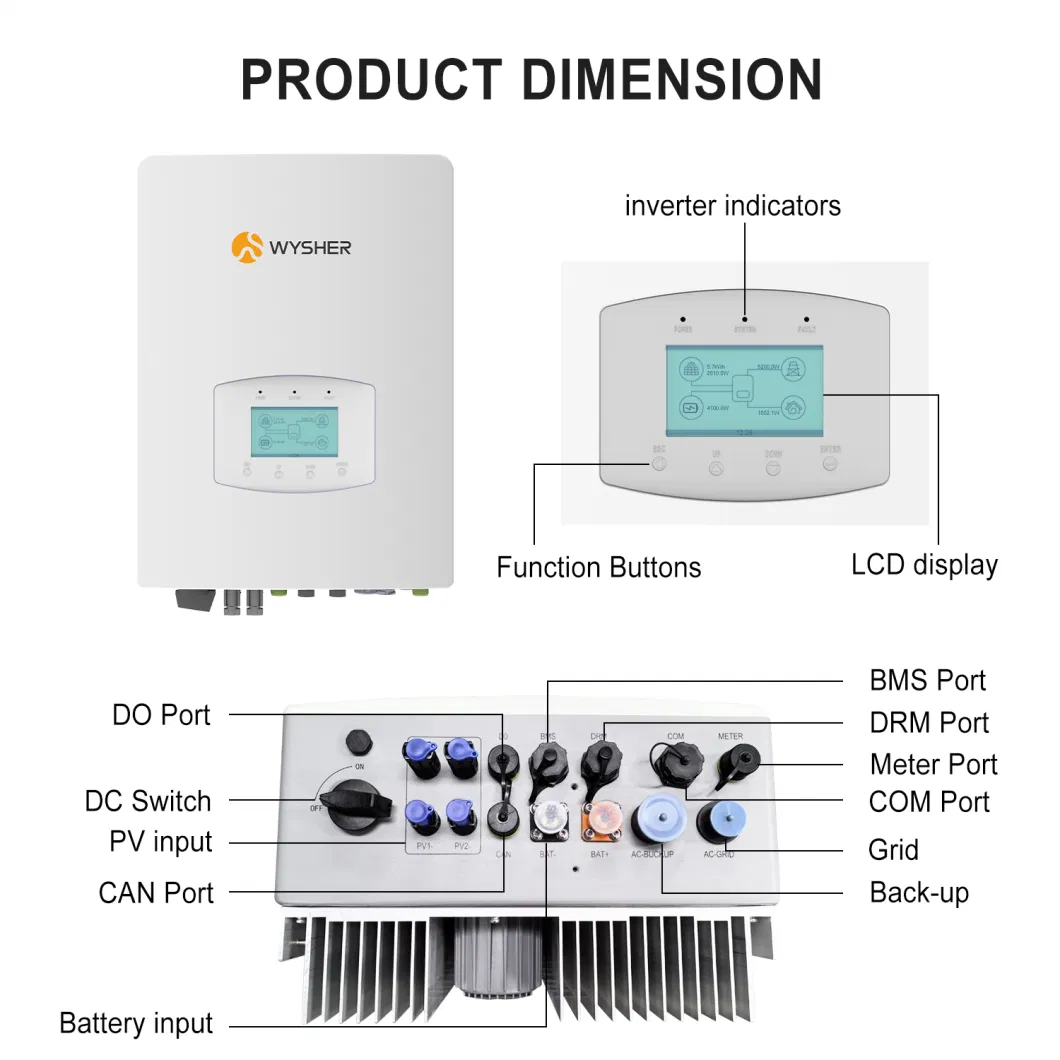 Wysher 3kw 5kw 8kw 10kw Single Phase Hybrid Solar Panel Inverter for Energy Storage System with 2 MPPT Controller