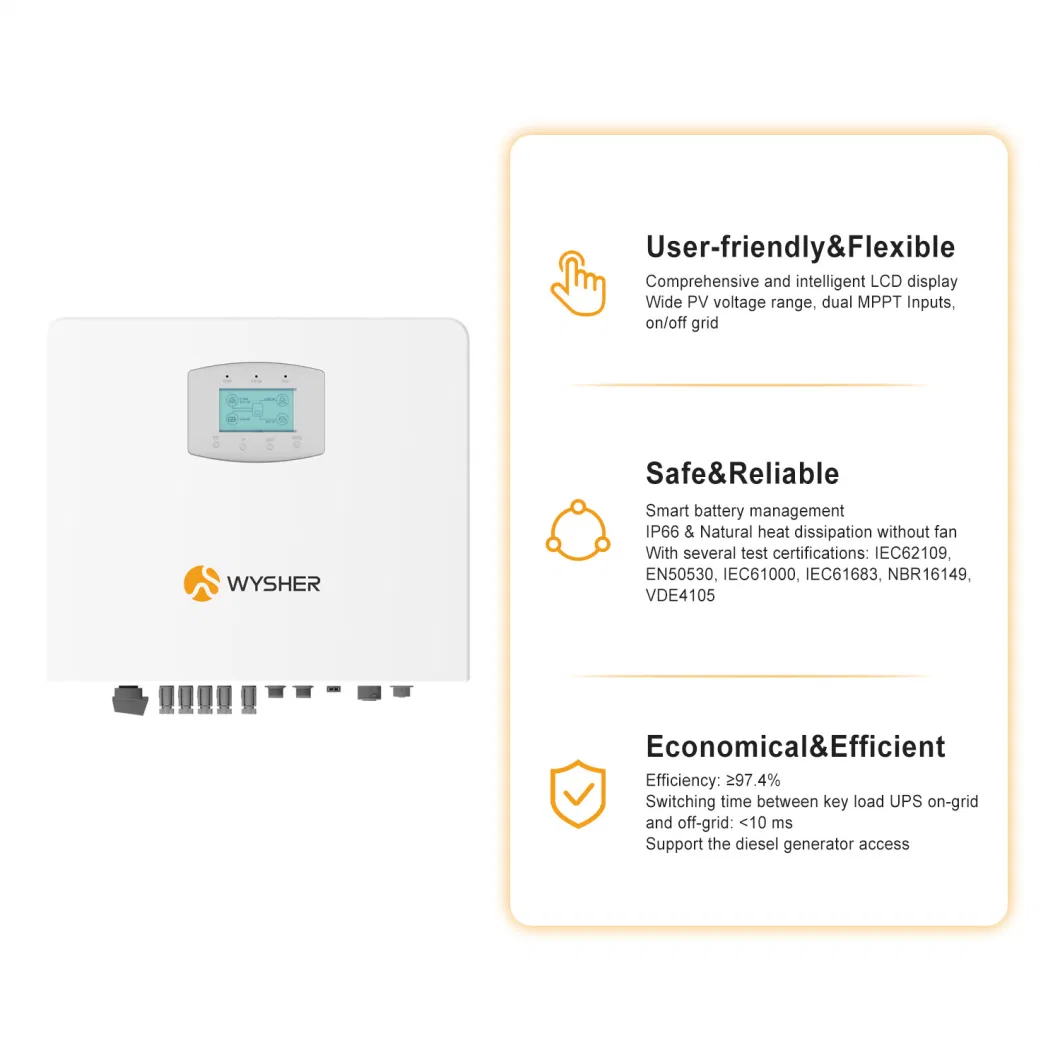Wysher 8kw 10kw 12kw 20kw 24kw Three Phase Hybrid Solar Panel Inverter for Energy Storage System with 2 MPPT Controller