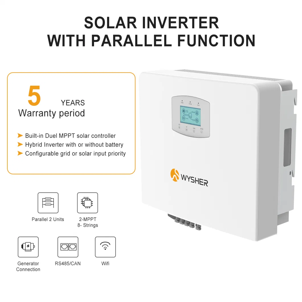 Wysher 8kw 10kw 12kw 20kw 24kw Three Phase Hybrid Solar Panel Inverter for Energy Storage System with 2 MPPT Controller