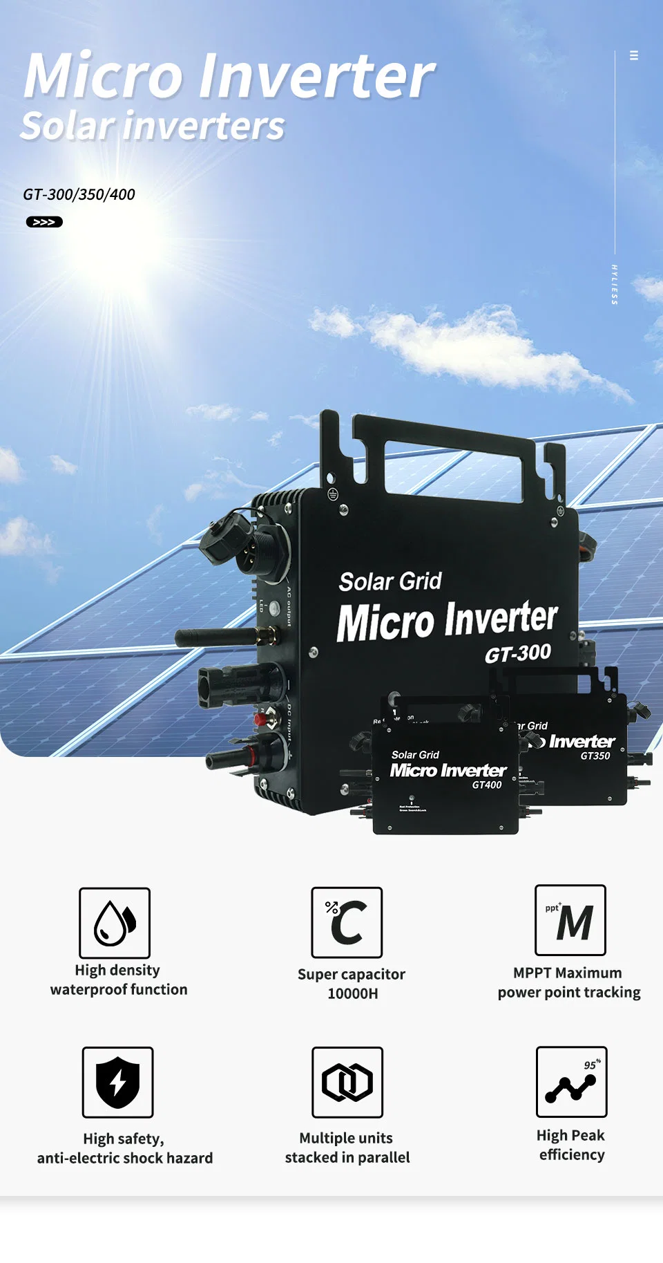 Gt 400W Silver IP66 Waterproof Smart WiFi Control Solar Micro Grid-Connected Inverter