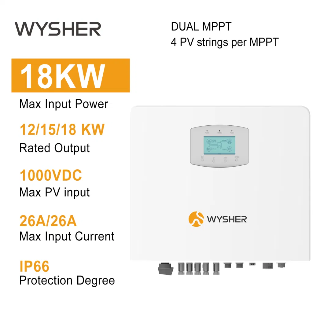 Wysher 8kw 10kw 12kw 20kw 24kw Three Phase Hybrid Solar Panel Inverter for Energy Storage System with 2 MPPT Controller