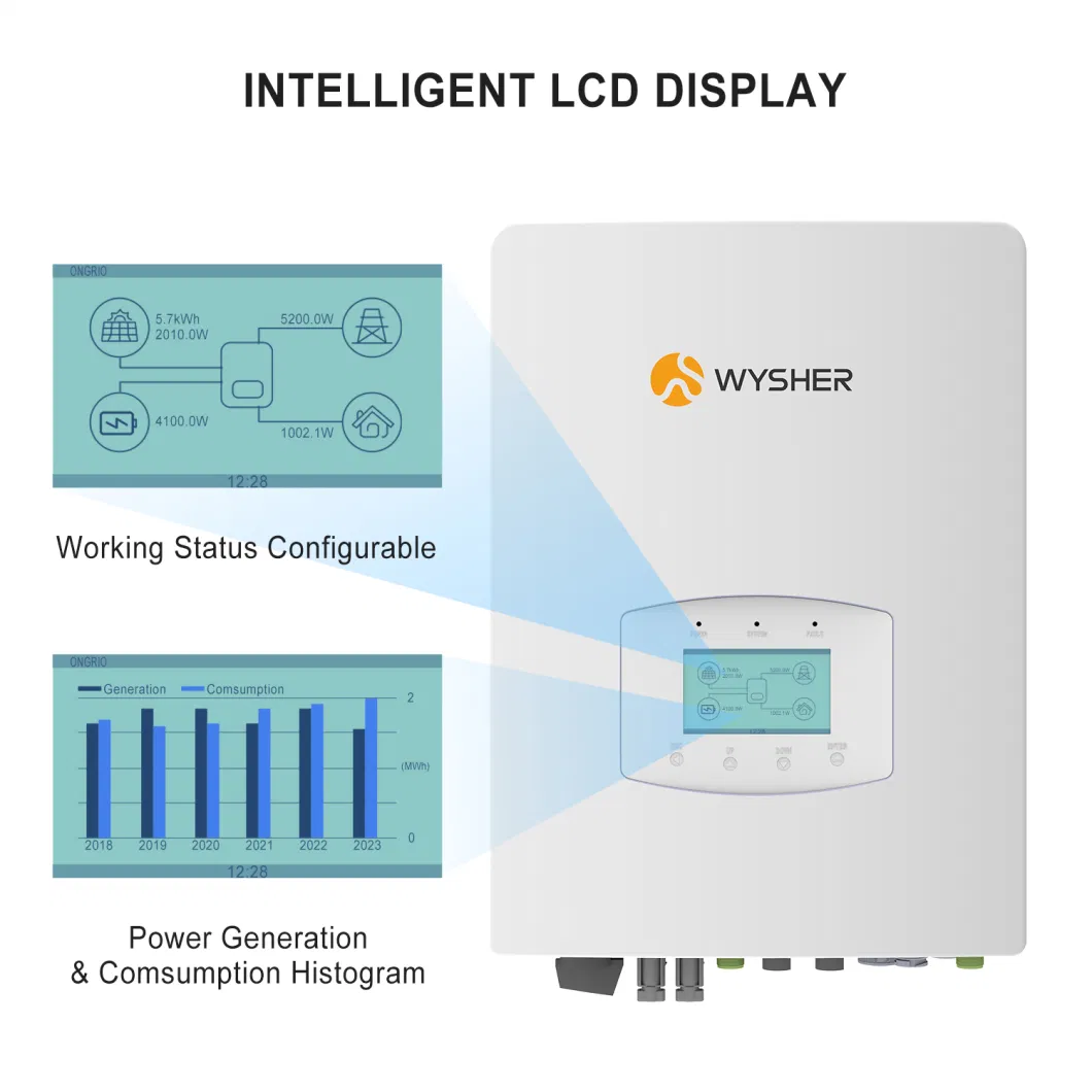 Wysher 3kw 5kw 8kw 10kw Single Phase Hybrid Solar Panel Inverter for Energy Storage System with 2 MPPT Controller