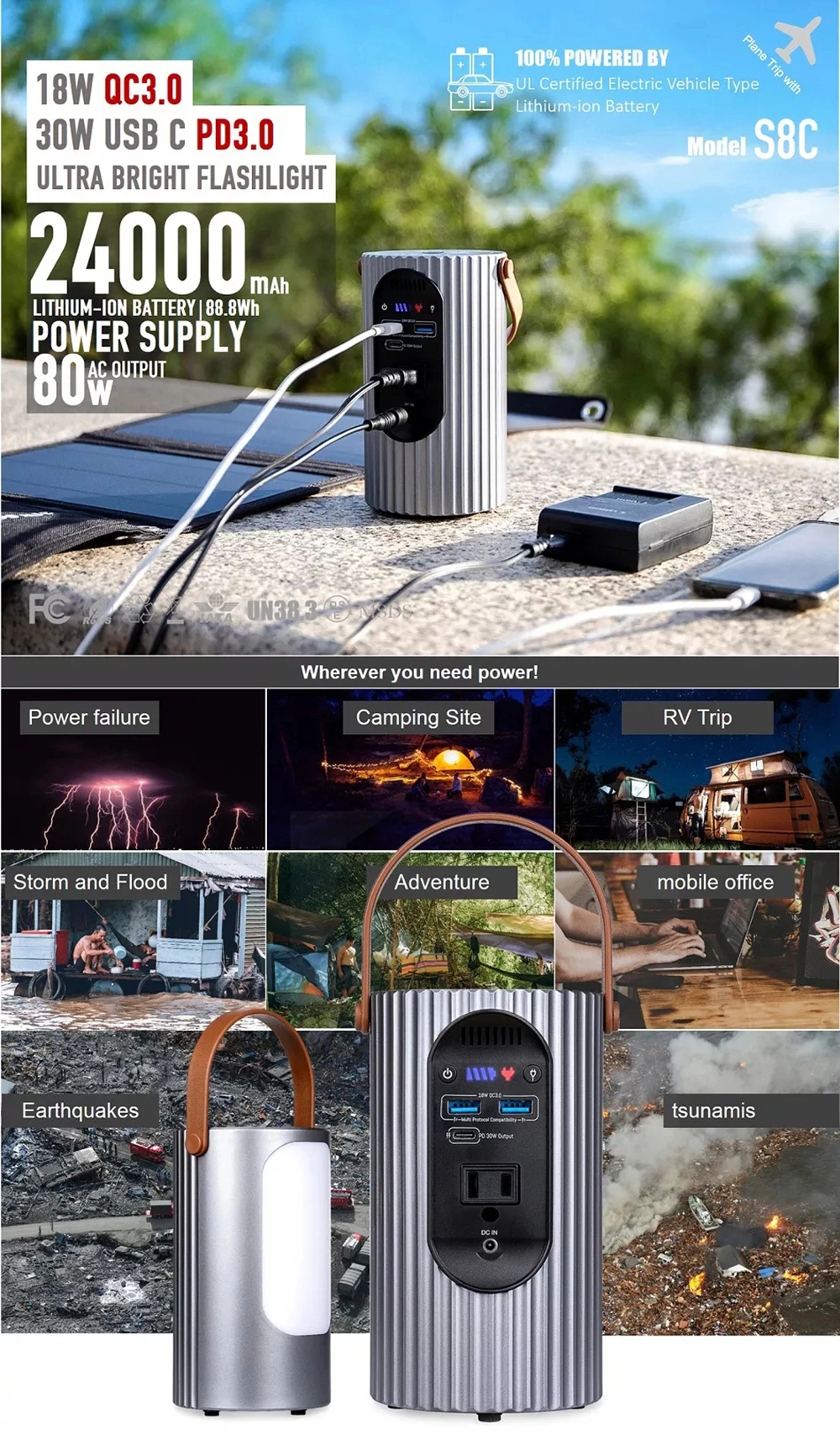 Factory Direct Sell Portable Solar Panel Charging Battery Power Station 24000mAh Lithium Ion Battery 110V AC Output Typy C Quick Charge