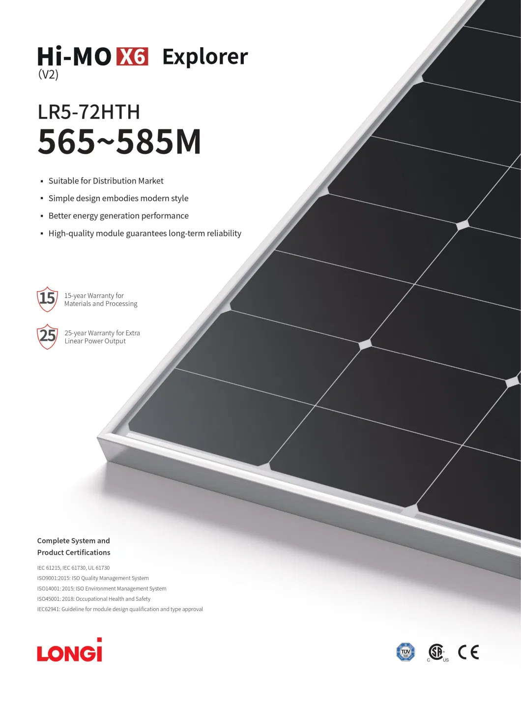 Longi Hi-Mo X6 Explorer Lr5-72hth-585m 580W 575W 570W 565W Watt Mono Hpbc Solar Panel Price Sun Cells PV Photovoltaic Modules Jinko/Ja/Mysolar/Trina Wholesale