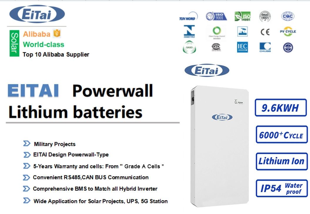 Eitai 10kwh Lithium Powerwall Solar Energy Storage IP54 Waterproof Solar Panel Battery for off Grid System