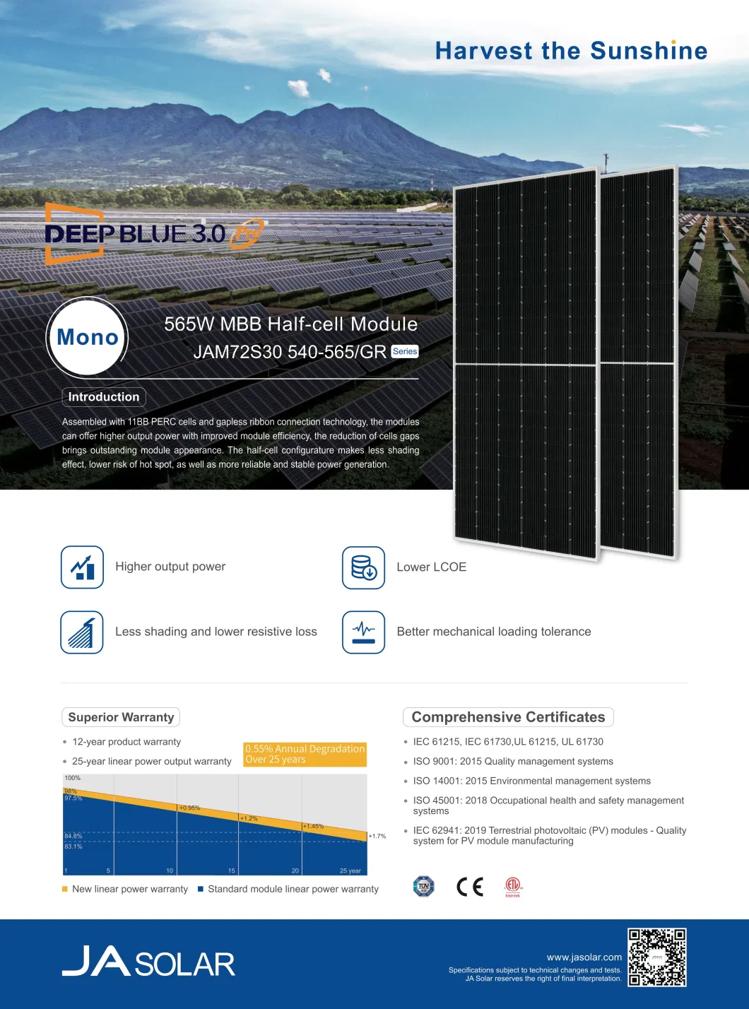 Top 1 Brand Monocrystalline Solar Panels Ja Solar Module Deepblue 3.0 Solar Panel 540W 545W 550W 555W 560W