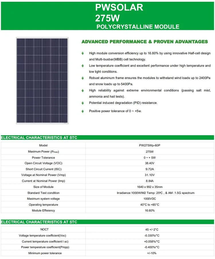 Wholesale Price 275W 60 Cell Poly Solar Panels Polycrystalline PV Panels for Solar Power System with Power Inverter