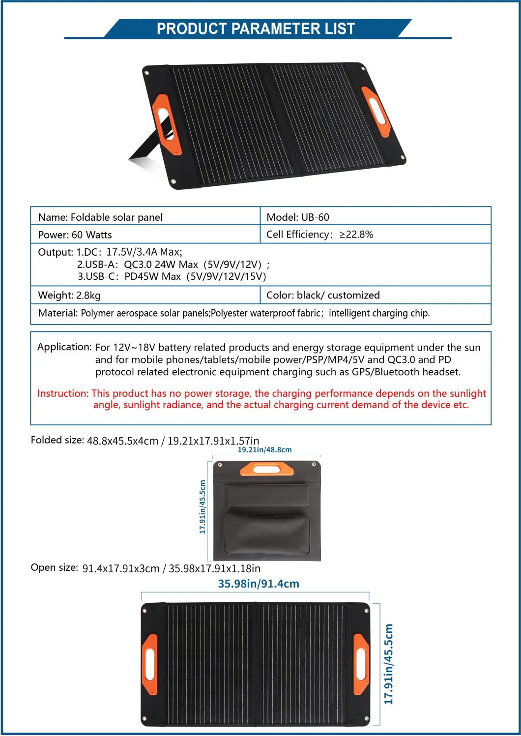 60W Leading Flexible Foldable Lightweight Sunpower Solar PV Panel