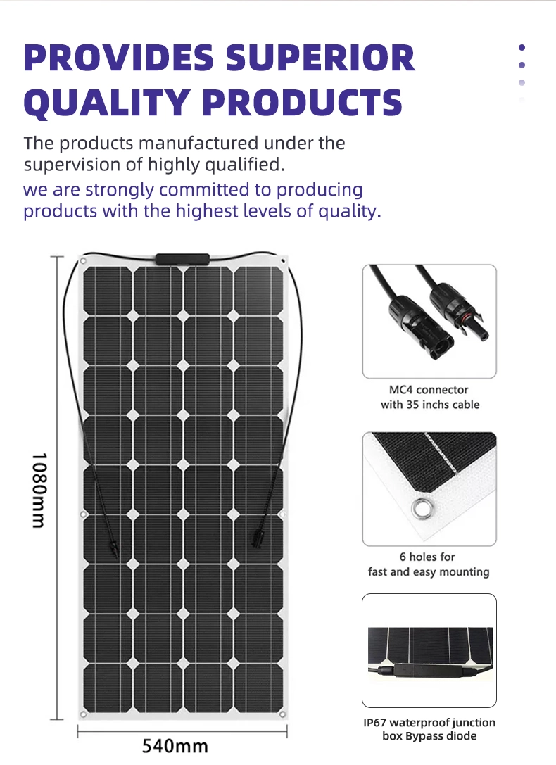 Ultra-Thin 340W Flexible Solar Panel for Car Lightweight OEM Flexible Solar Panel for RV with Mc4 Connector