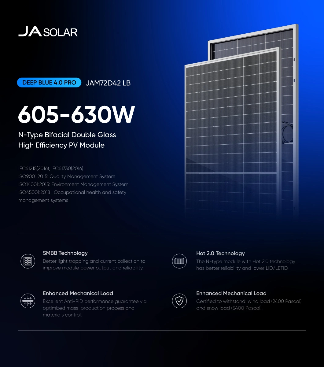 Ja Solar Power Electricity Panels 605W 610W 615W Double Glass Monocrystalline PV Module