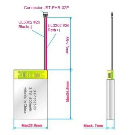 3.7V 500mAh Custom Lithium Polymer Battery 1.85wh Lipo Battery Lithium Ion Battery for Quadcopter