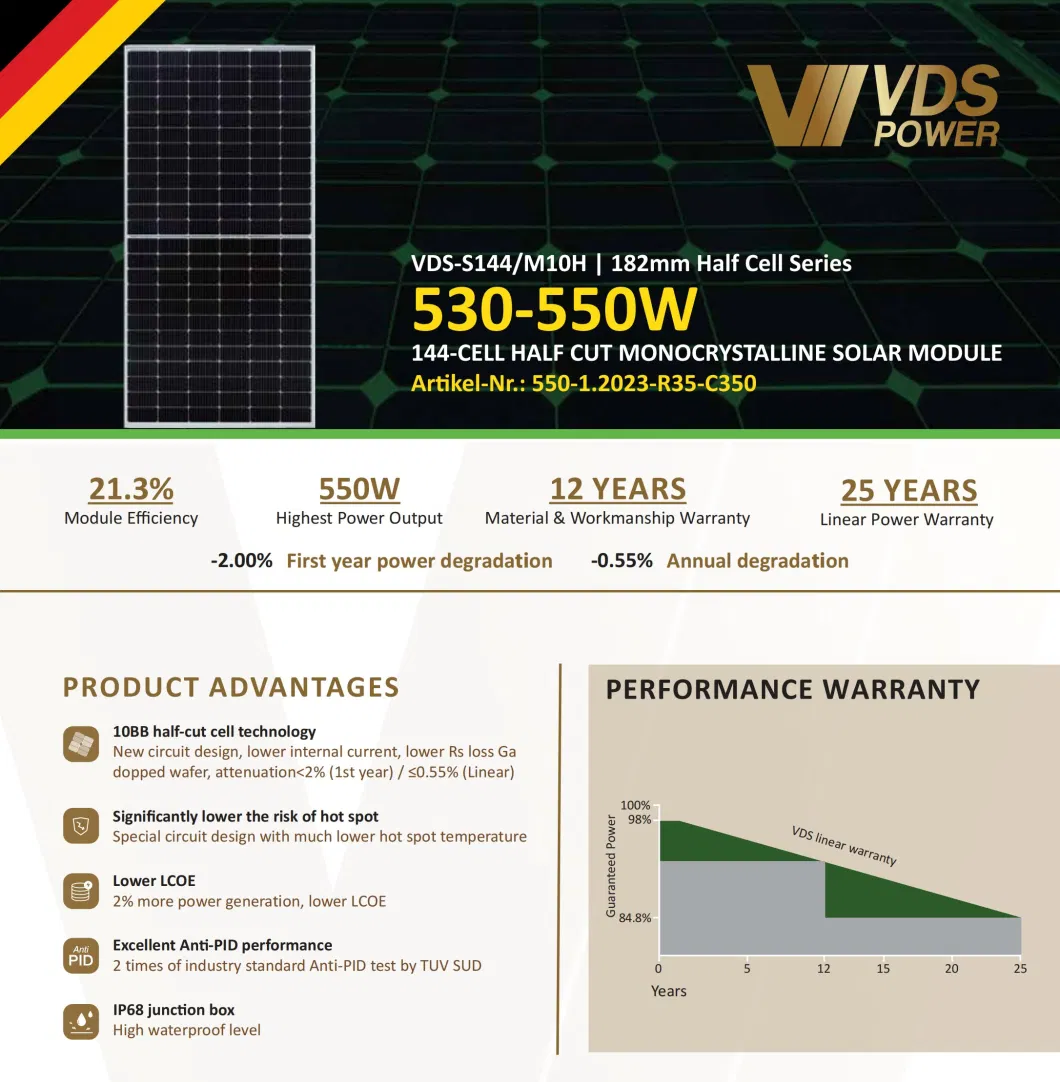 Vds German Brand 530W 540W 550W Solar Power Energy PV Module Solar Panel Price Monocrystalline Solar Panel