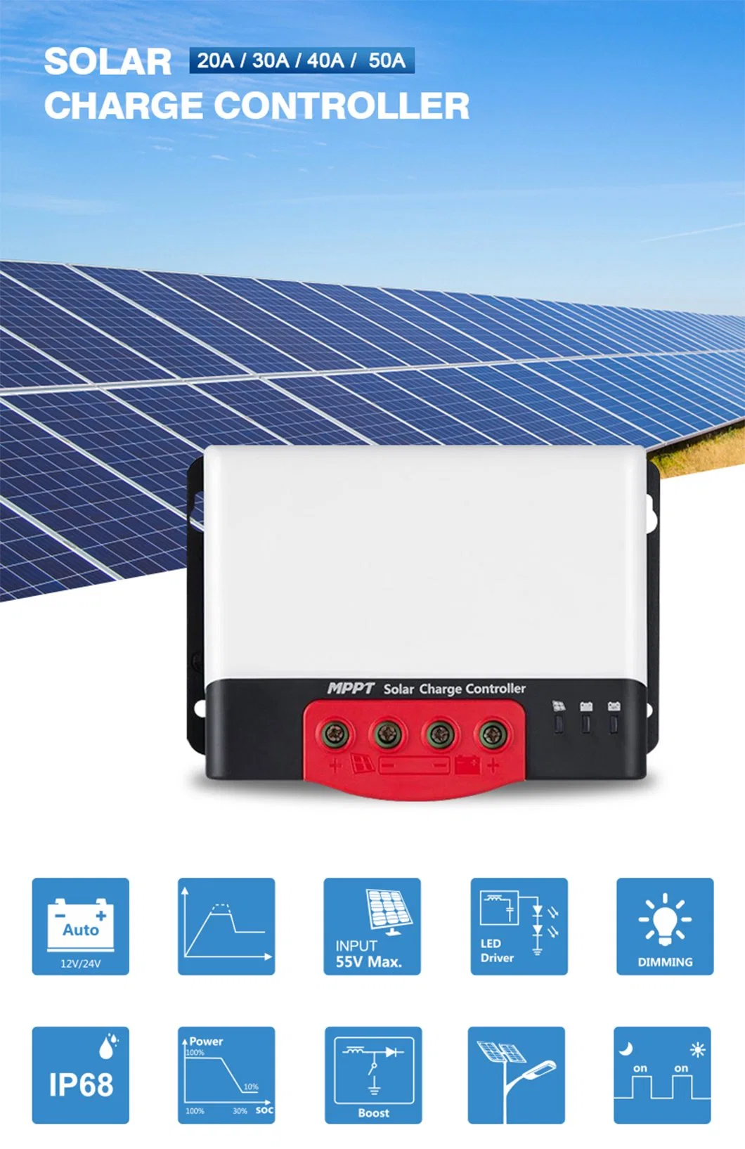 Solarthon Mini PWM Auto Solar Boost Panel Battery Charge Charger Controller 20A 30A 50A Solar Panel Controller