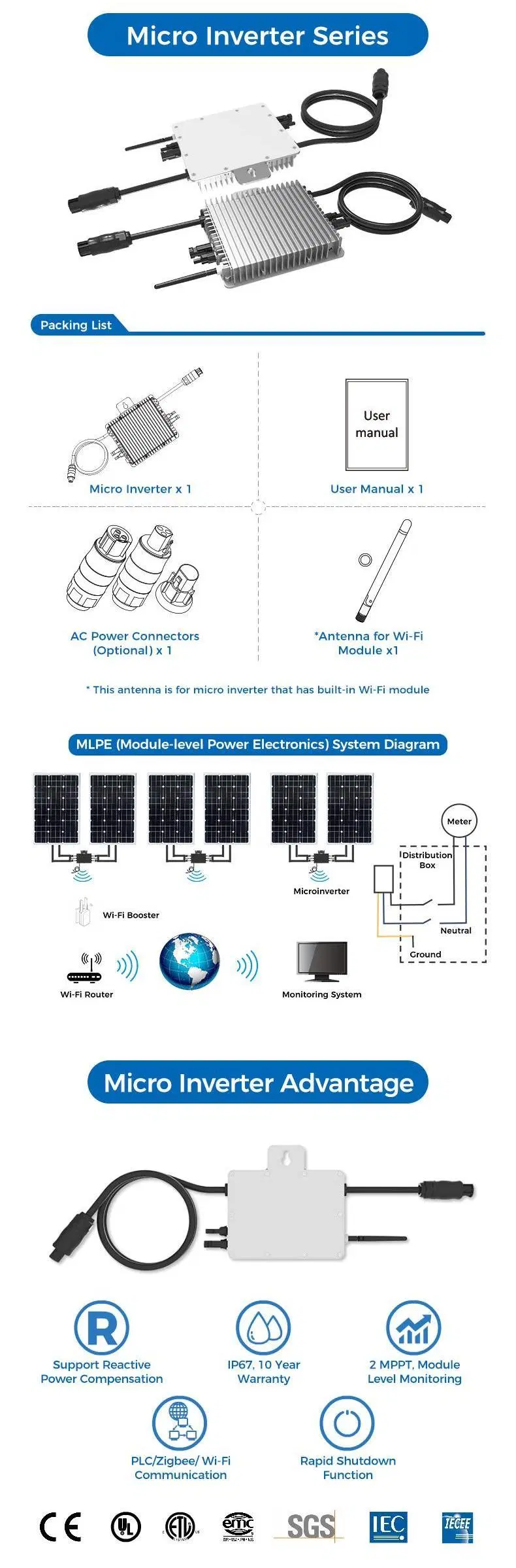 800W 1000W 1300W 1600W 2000W Smart MPPT IP67 PV System Grid Tie 800W Solar Microinverter Deye 800W Micro Inverter Mini Inverter for Home