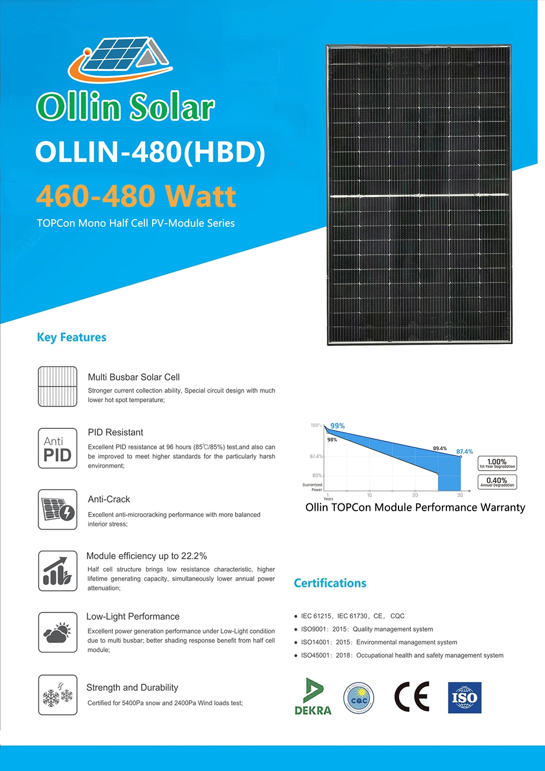 Topcon N Type Solar Module 460W 465W 470W 475W 480W Mono Crystalline Solar Panels