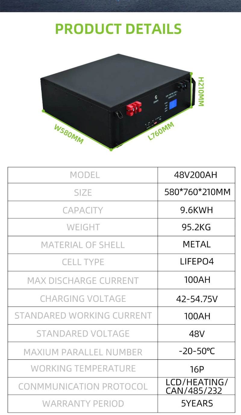 Over 6000 Cycles LiFePO4 Battery 48V 200ah Lithium Ion Solar Power Storage Battery for Solar Panels