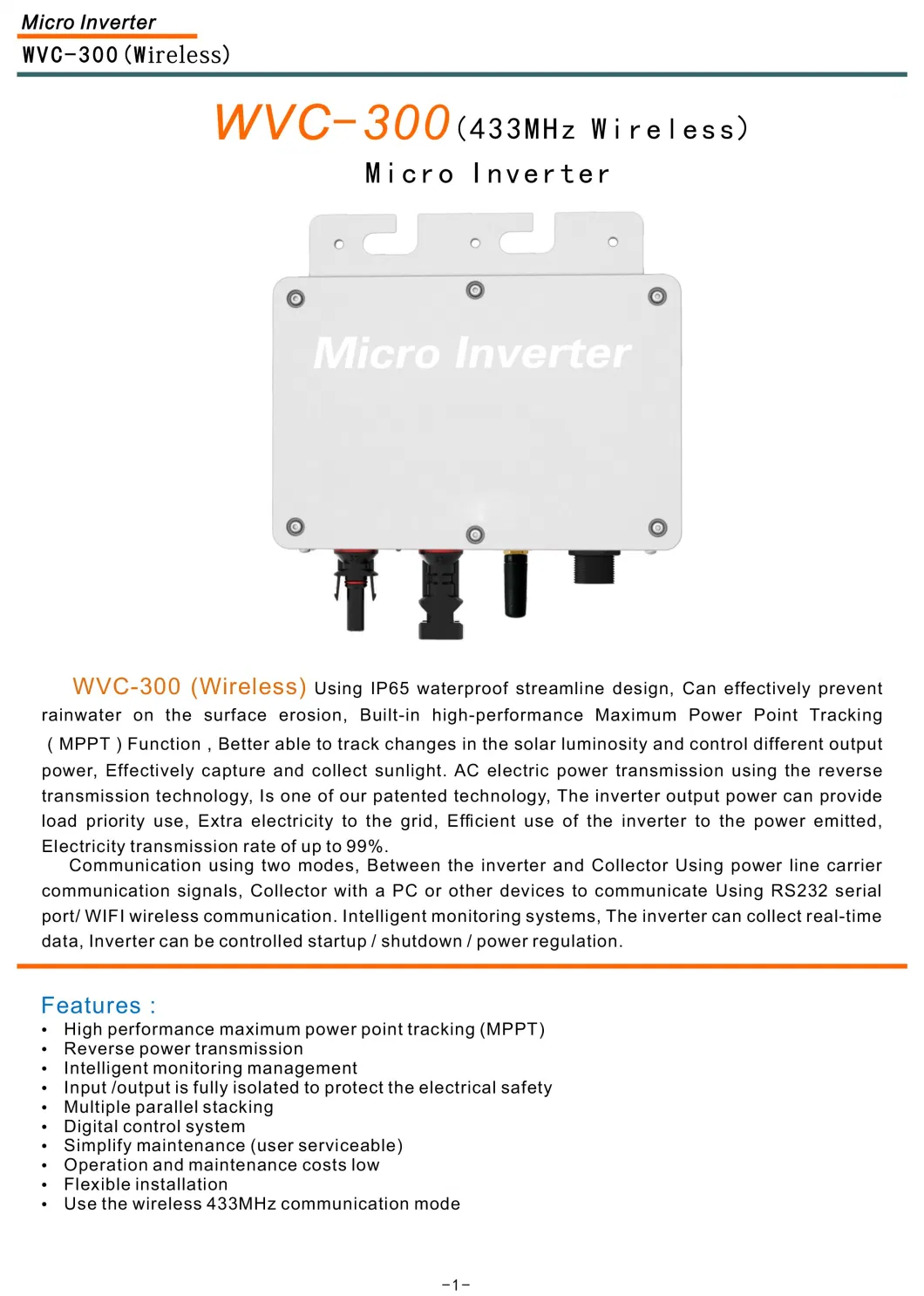 Wvc-300 Grid-Connected Smart Micro Inverter for Monitoring System