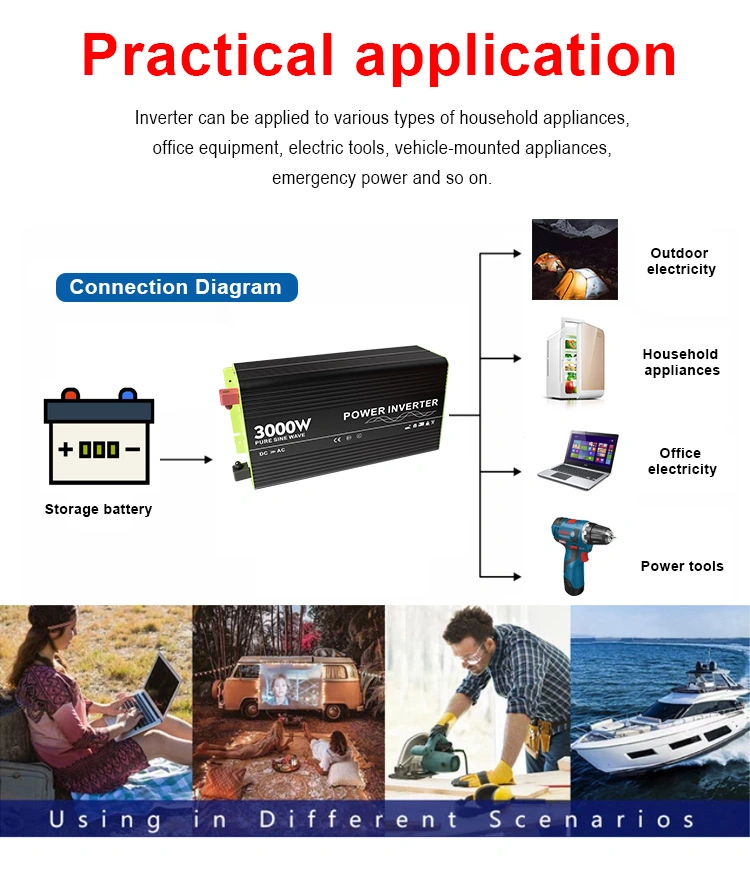 DC 12V 24V 48V to AC 110V 220V 230V 3000W Power Inverter Pure Sine Wave