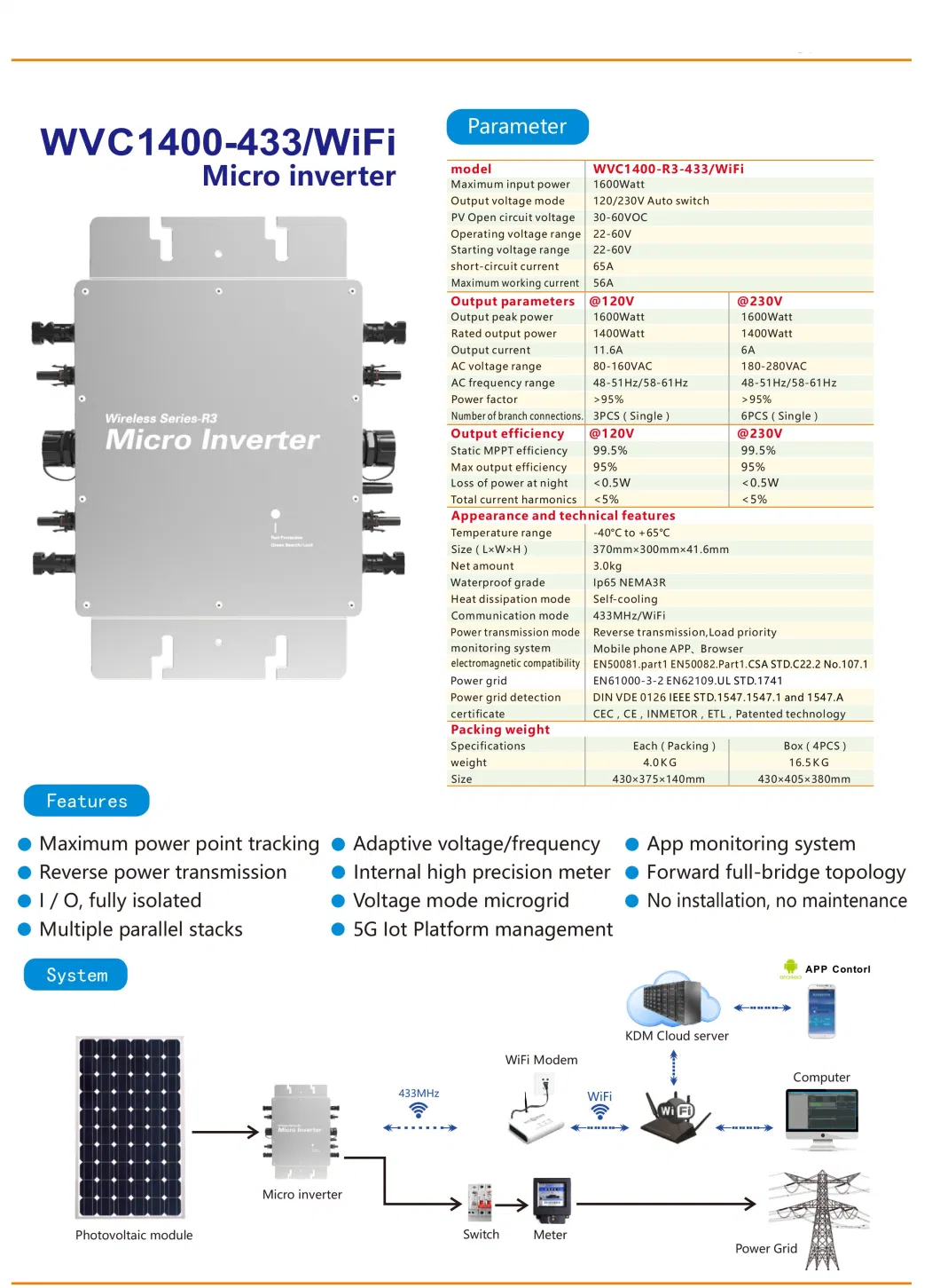 Wvc-1400 Grid-Connected Smart Micro Inverter Home Grid-Connected Inverter for Solar System