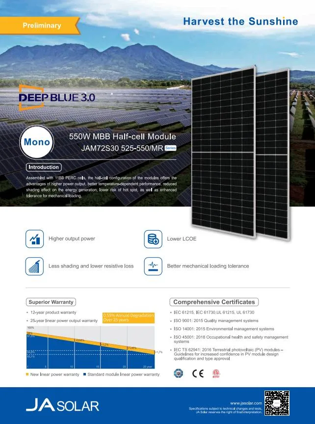 Ja Jam72s30 530-555W Wholesale Poly PV Fold Flexible Black Monocrystalline Polycrystalline Photovoltaic Module Mono Solar Energy Power Cell Panel