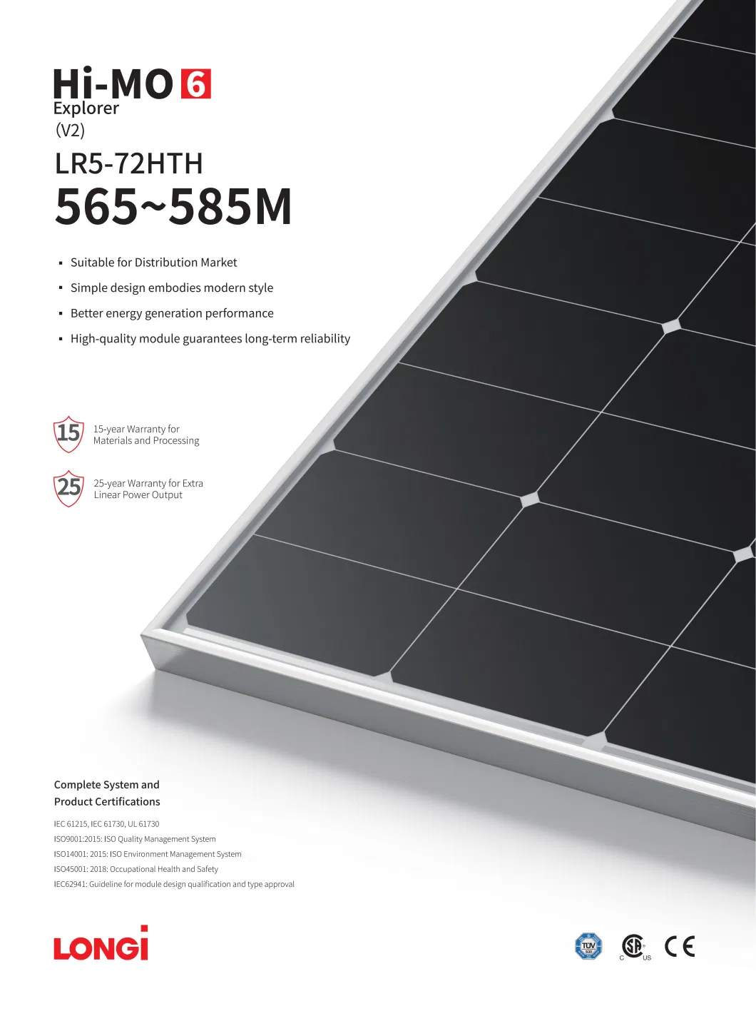 Longi 565~585W Hi-Mo 6 Lr5 72hth Solar Panels for Your Home Factory Office Roof Top Install Solar PV Modules