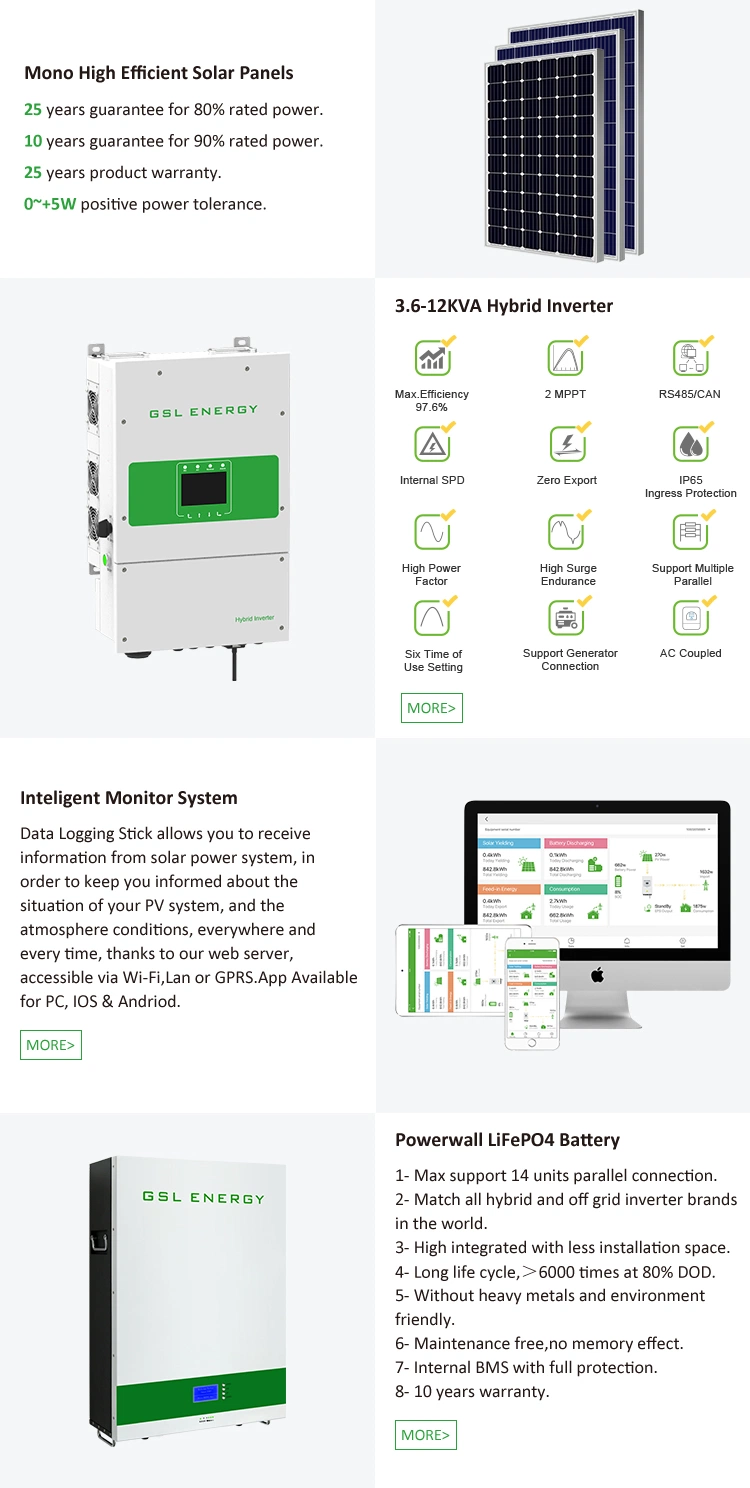 Gsl Energy Complete Solution 5kw 10kw 15kw 20kw Solar Energy System for Home with Hybrid Inverter Solar Panels Battery Cell