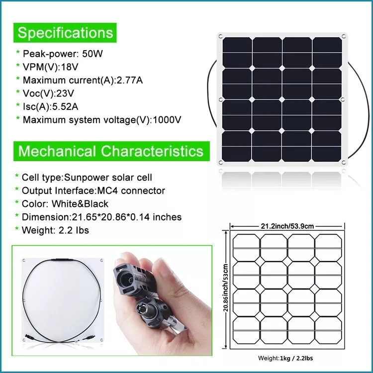 50W Sunpower ETFE Soft Flexible Bendable Solar Panel DC Mobile Power Solar Charger Original Cells