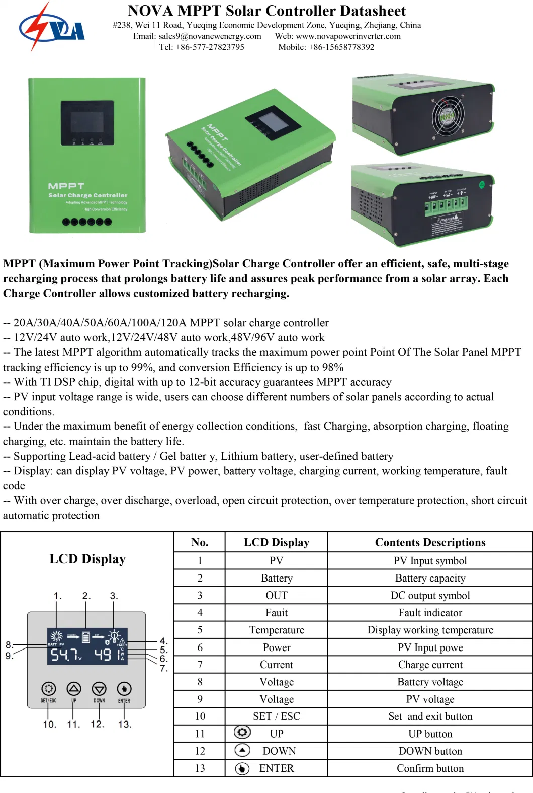 MPPT Solar Charger Controller Regulator 20-120AMP for Battery PV Solar Panel System Kit Home Commercial Factory RV 12/24/48/96VDC Auto