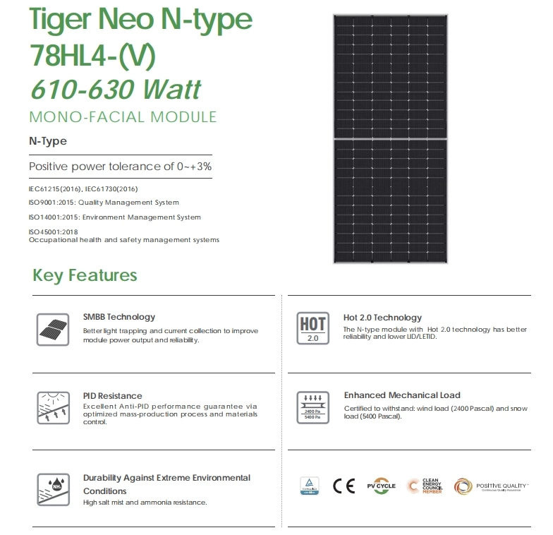 Jinko Cheap PV Solar Plate Panel Installation Home Use 610W 620W 630watt Full Black Jinko Tiger Neo N-Type Solar Panel