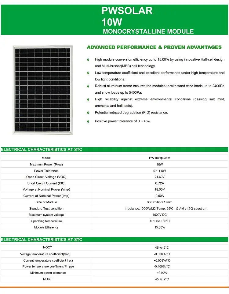 Chinese PV Manufacturer 10W 36 Cells Mono Panel Module Solar Cell Plate