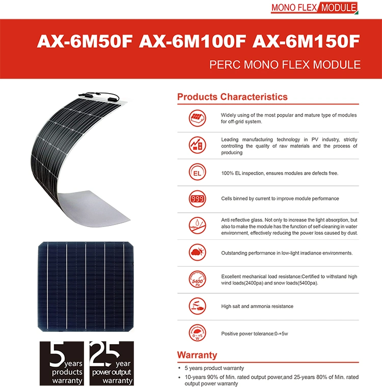 Low Price High Efficiency 36 Cells Flexible Solar Panel 100W 150W 200W