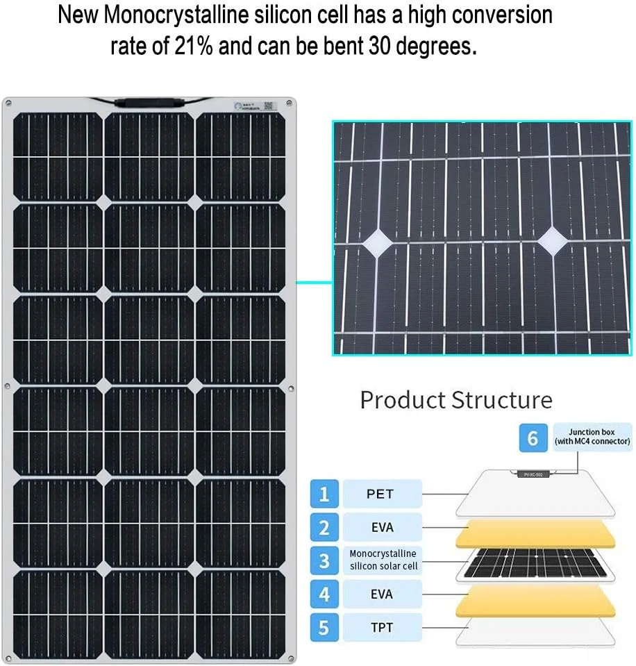 Mono High Efficiency 100W Semi-Flexible Solar Panel Portable Waterproof for RV Rooftop