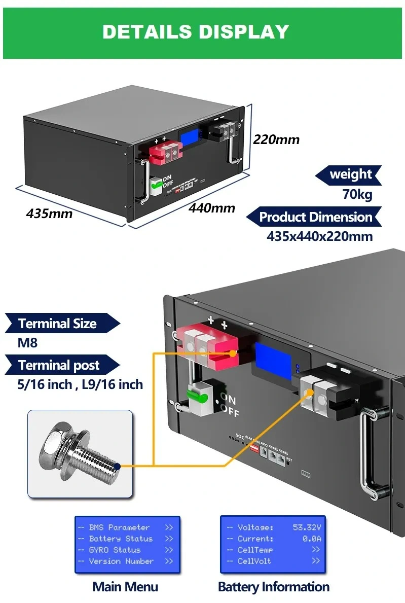 Rechargeable Lithium Battery Pack 51.2V 48V 100ah 150ah 200ah 300ah Li-ion/ Lithium Ion LiFePO4 Rack Battery for UPS Home Solar Energy Storage System Powerwall