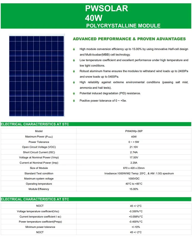 Small Monocrystalline 40W 30W Solar Panel 12V 24V 48V Photovoltaic Module