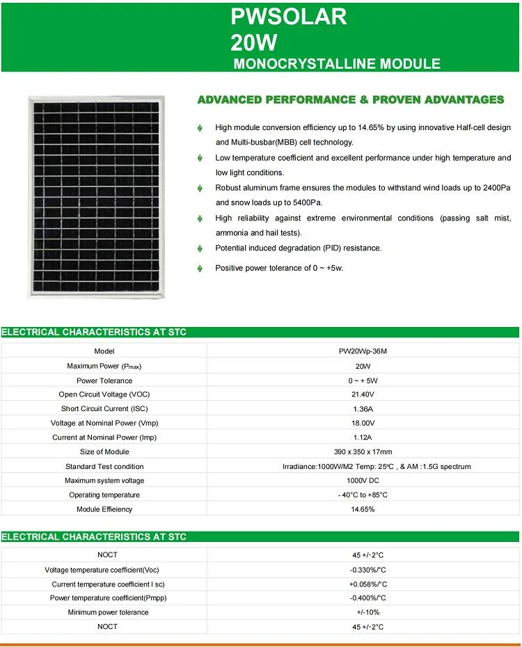 Small Monocrystalline 20W 30W Solar Panel 12V 24V 48V Photovoltaic Module