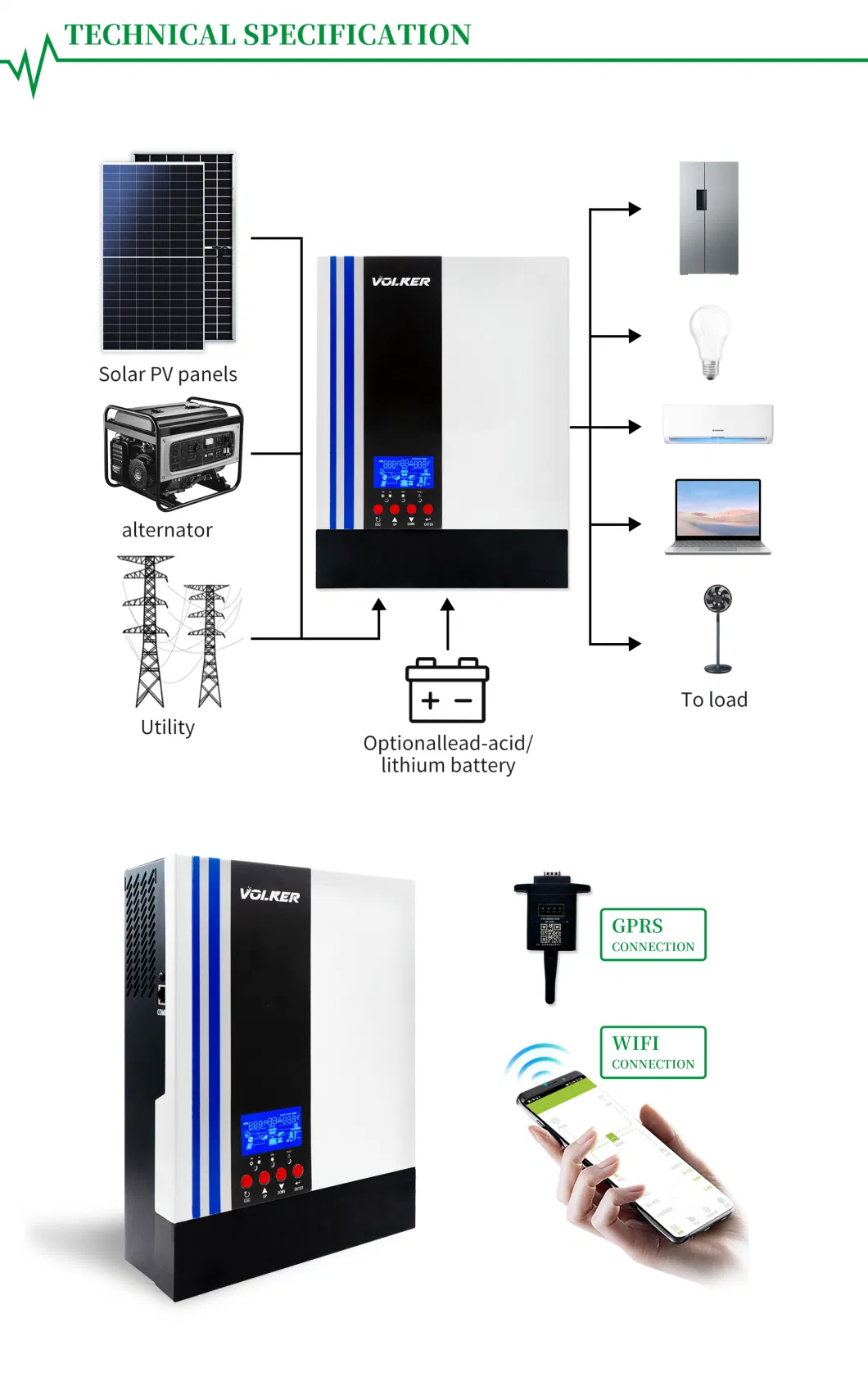 Volker Custom Hybrid Solar Inverter 2000W 2000va Pure Sine Wave Single Phase Invertor Solar Panel Converters