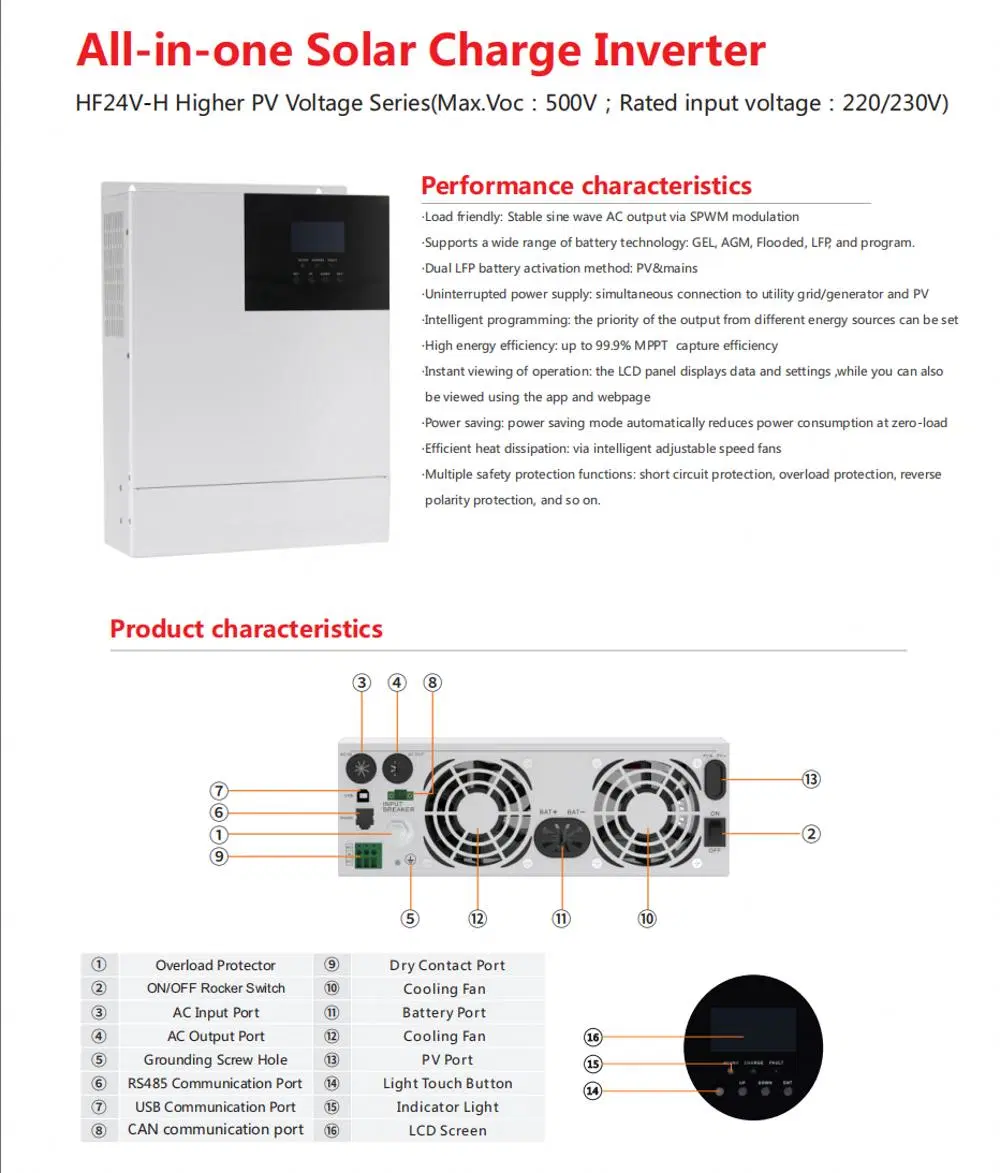 500V PV Solar Panel Battery 3000W 5000W Hybrid Inverter Solar Converter