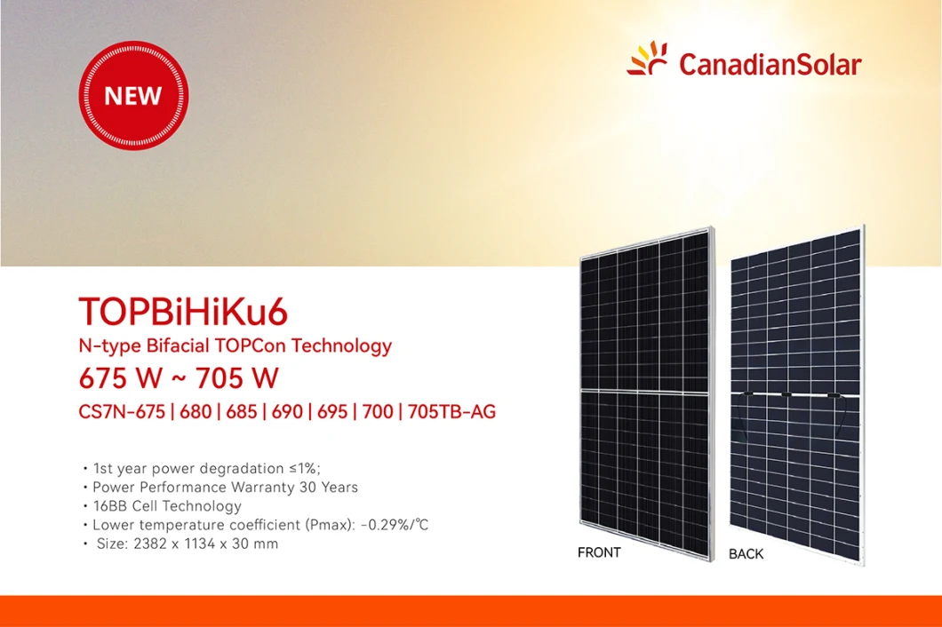 Canadiansolar Topcon N Type Bifacial Dual-Glass Solar Panel 700W 705W Topbihiku7 Solar Moduels