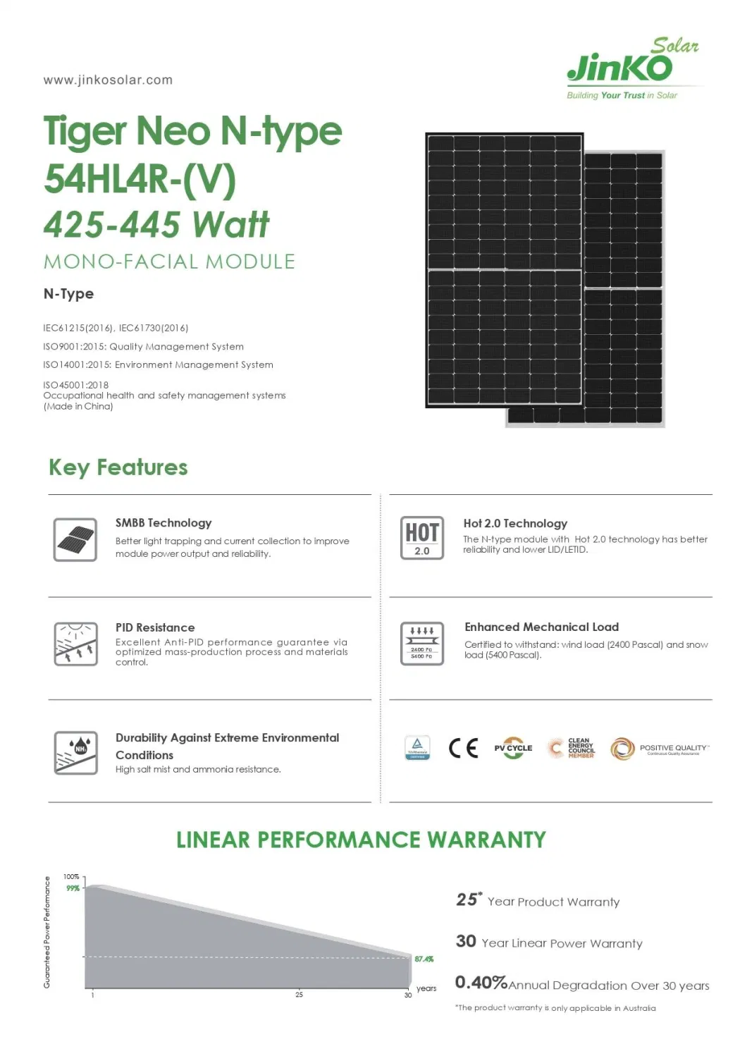 Jinko 425W Europe Warehouse Stock EU All Black Tiger Neo N-Type Jkm425-445n-54hl4r 430W 435W 440W 445W Mono Solar Panels