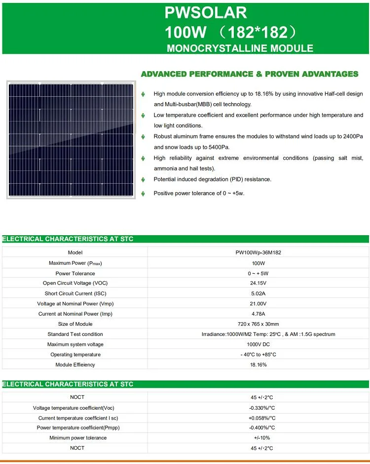 Chinese PV Manufacturer 100W 36 Cells 182mm Mono Panel Module Solar Plate